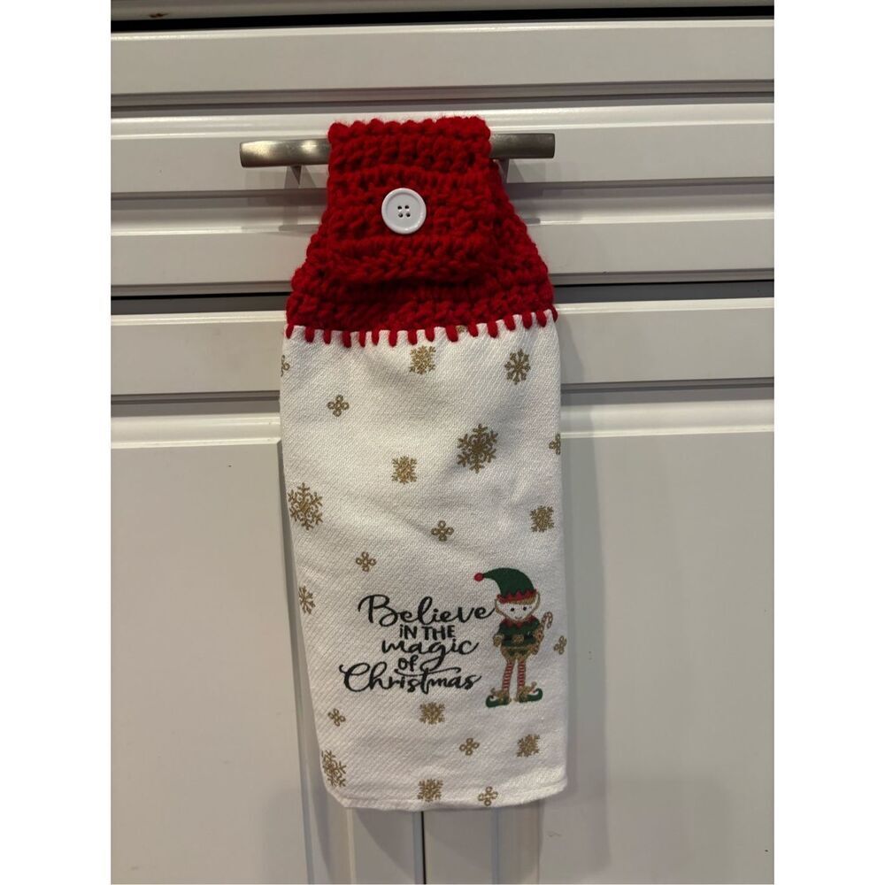 Crochet Top Kitchen Towel-Believe in magic of Christmas. Red topper